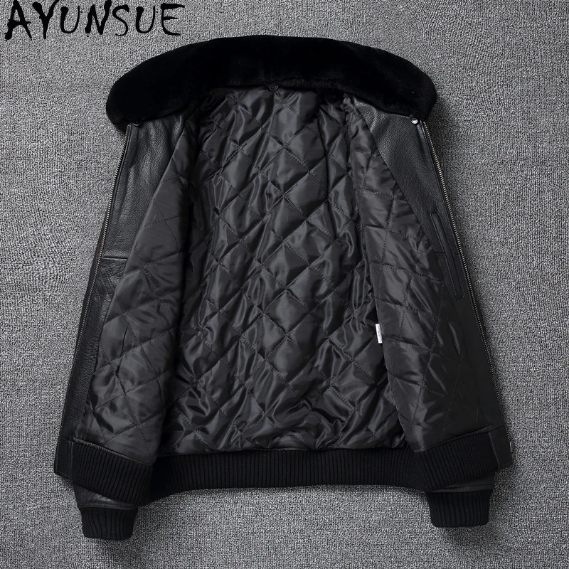 AYUNSUE Winter Genuine Leather Jackets Cowhide Mens Clothing Short Bomber Jacket Cotton Liner Black Jacket Veste Cuire Homme