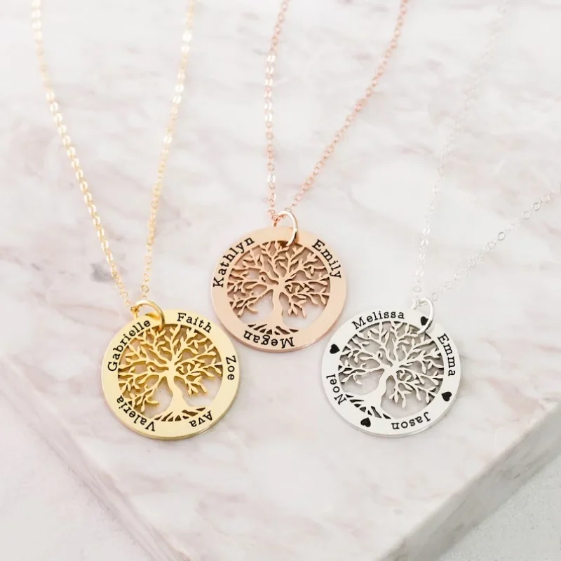 Personalized Customized Gold Color Tree of Life Necklace Gifts for Women Men Custom Engraved Family Names Pendant Jewelry