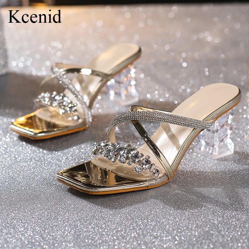 

Kcenid Crystal PVC Transparent Slippers for Women Strange High Heel Square Toe Pumps Slides Gold Size 41 42 Elegant Footwear