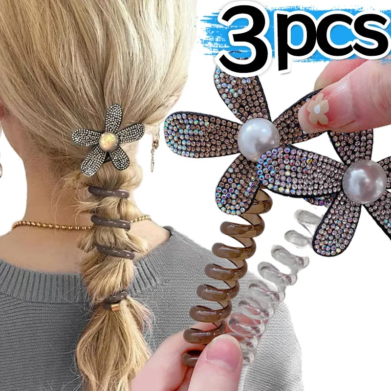 1/3Pcs Cute Flower Telephone Line Hair Rope Girls Sweet Rhinestones Hair Band for Women Ponytail Holder Fashion Spiral Headbands