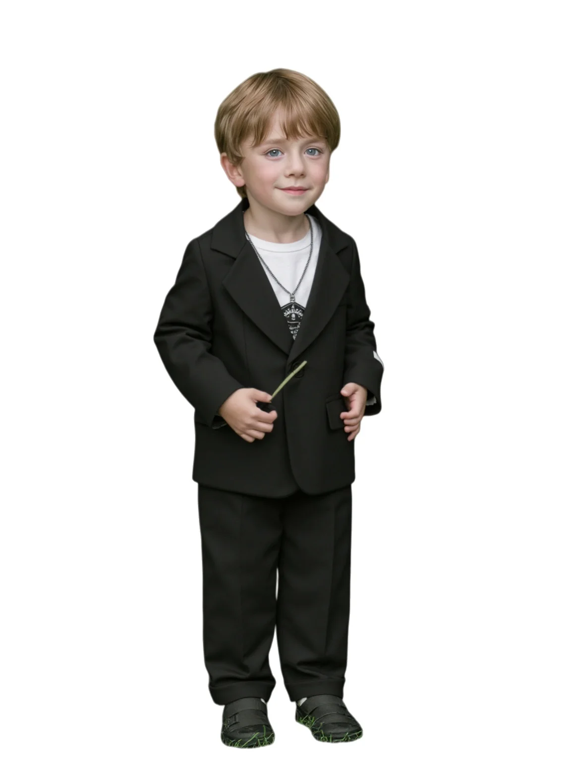 Kids Black Spring 3Pieces/Set Jacket Pants Necklace Casual Suit  Flower Boys Wedding Dress Children Piano Performance Costume