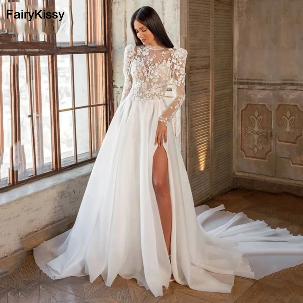 

FairyKissy Luxury Bohemian High Fork Wedding Dresses A-Line High Neck Lace Tulle Beach Bridal Gown Long Sleeves Sweep Train