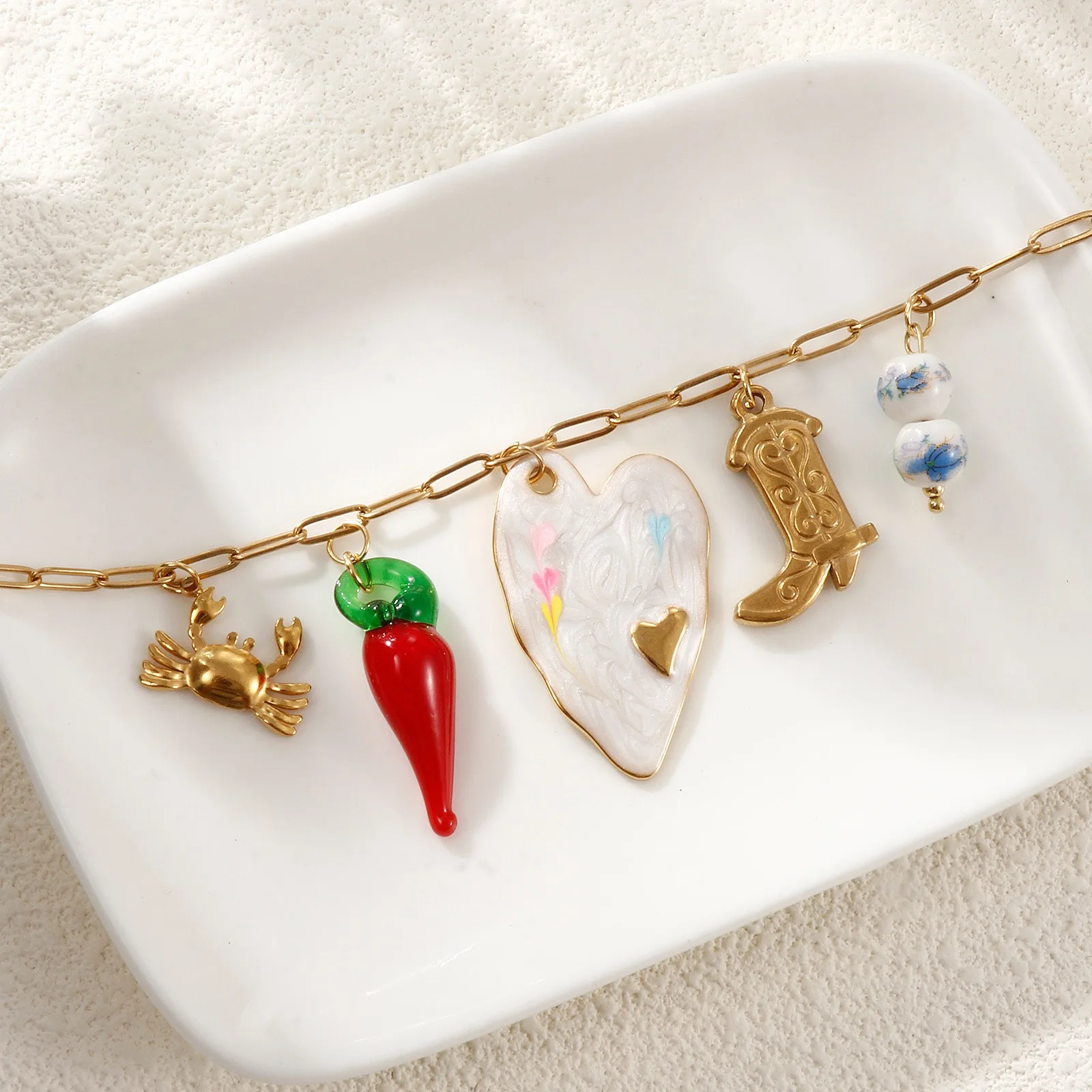 

1PC Exquisite Stainless Steel Heart Crab Pendant Necklace For Women Jewelry 18K Real Gold Plated Paperclip Choker Gift 42cm