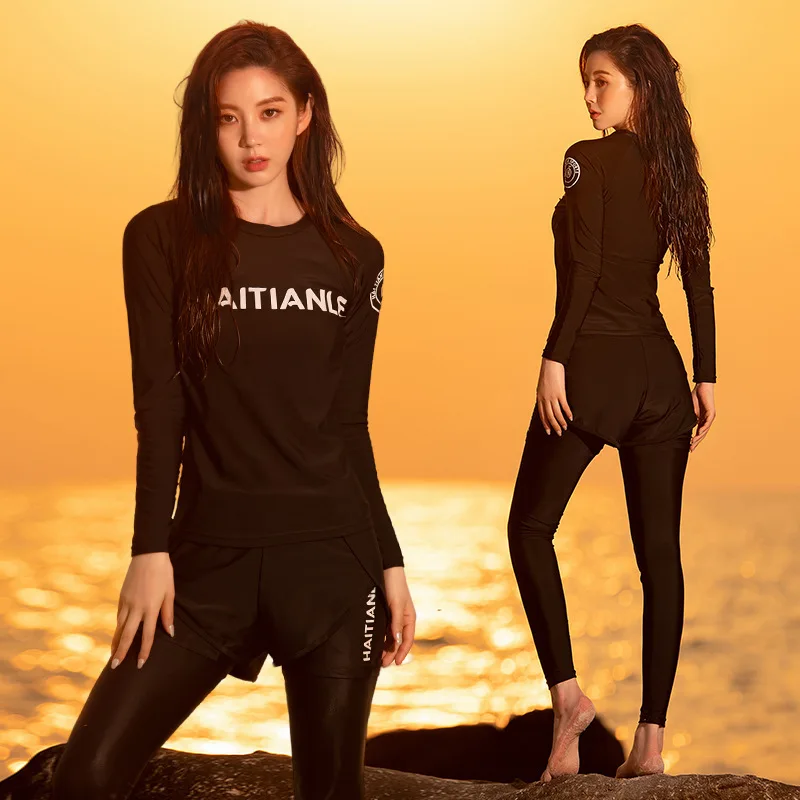 

Women 3pcs Set Long Sleeve Rash Guards Zip Up Swimwear UV Sun Protection Swimsuit Top & Bottom Shorts Black Wetsuit Sunsuit Pant