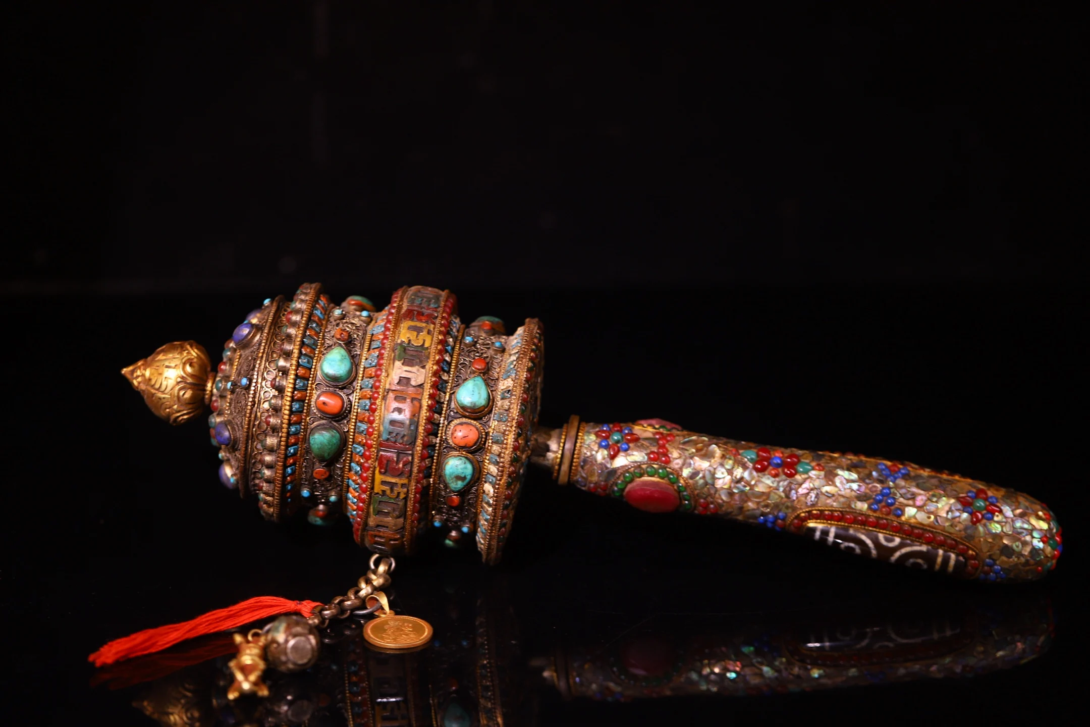 Folk Old Yak Bone Mosaic Gem gZi Beads Tibetan silver gilded filigree Turning Wheel Old scriptures Buddha Wheel