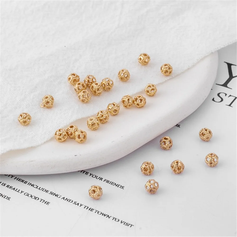 14K Gold-coated Color Beads Hollow Flower Balls, Hollow Round Beads, Handmade Jewelry, Loose Beads Accessories