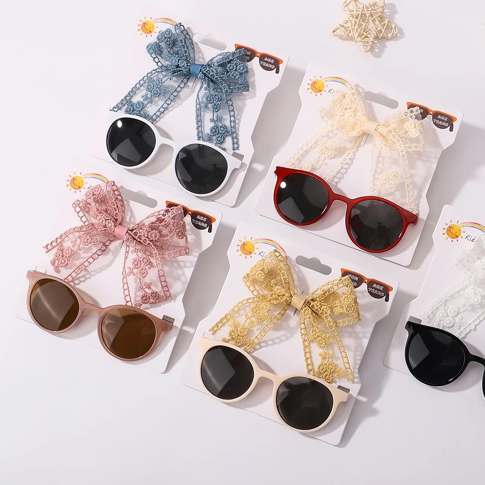 2Pcs/set Baby Lace Bows Hairpin Sunglasses Set Girls Beach Photography Props Toddler Hair Bands Headwear Kids Hair Accessories