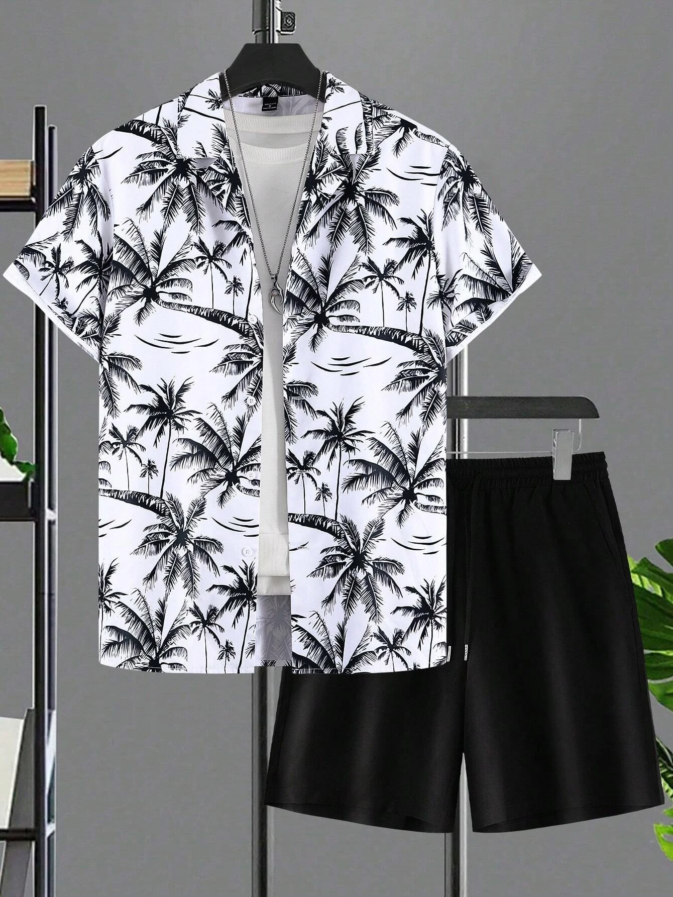 Summer Men and Women Short Sleeve Outfits Tropical Palm Tree Print Fashion Button Up Shirt Tops Short Sleeve Shorts