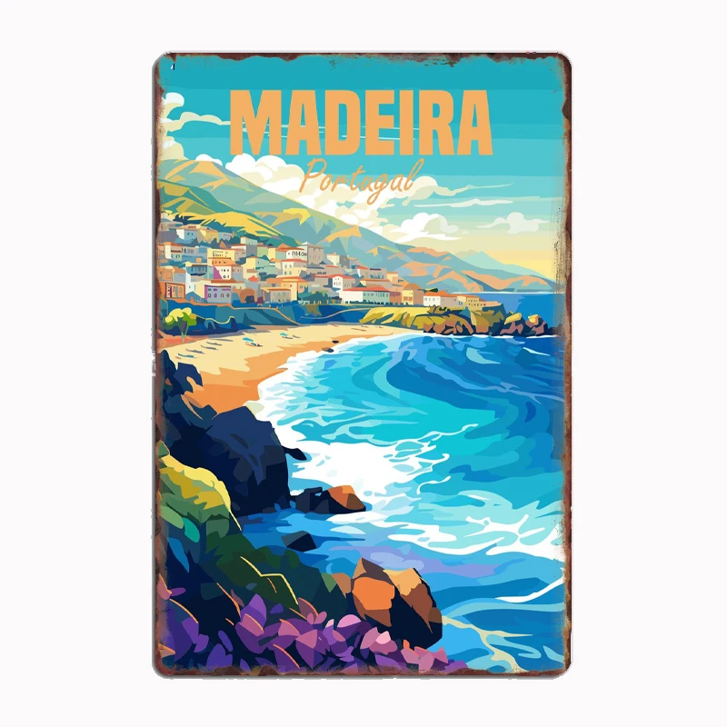 Carteles Vintage de Madeira, costa de Portugal, punto escénico de viaje, letrero de Metal, arte de pared de cocina, decoración de habitación de garaje, decoración del hogar de hojalata