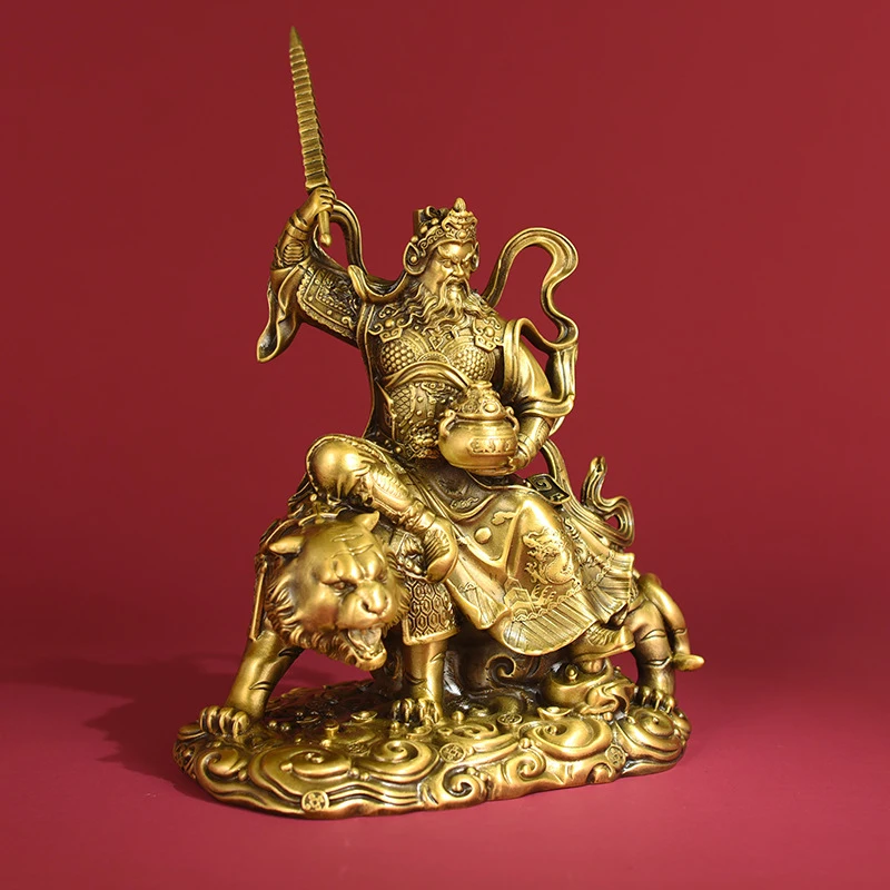 Brass statue of Zhao Gongming, the God of Wealth, riding a tiger, decorative item for home, shop, office, housewarming, or openi