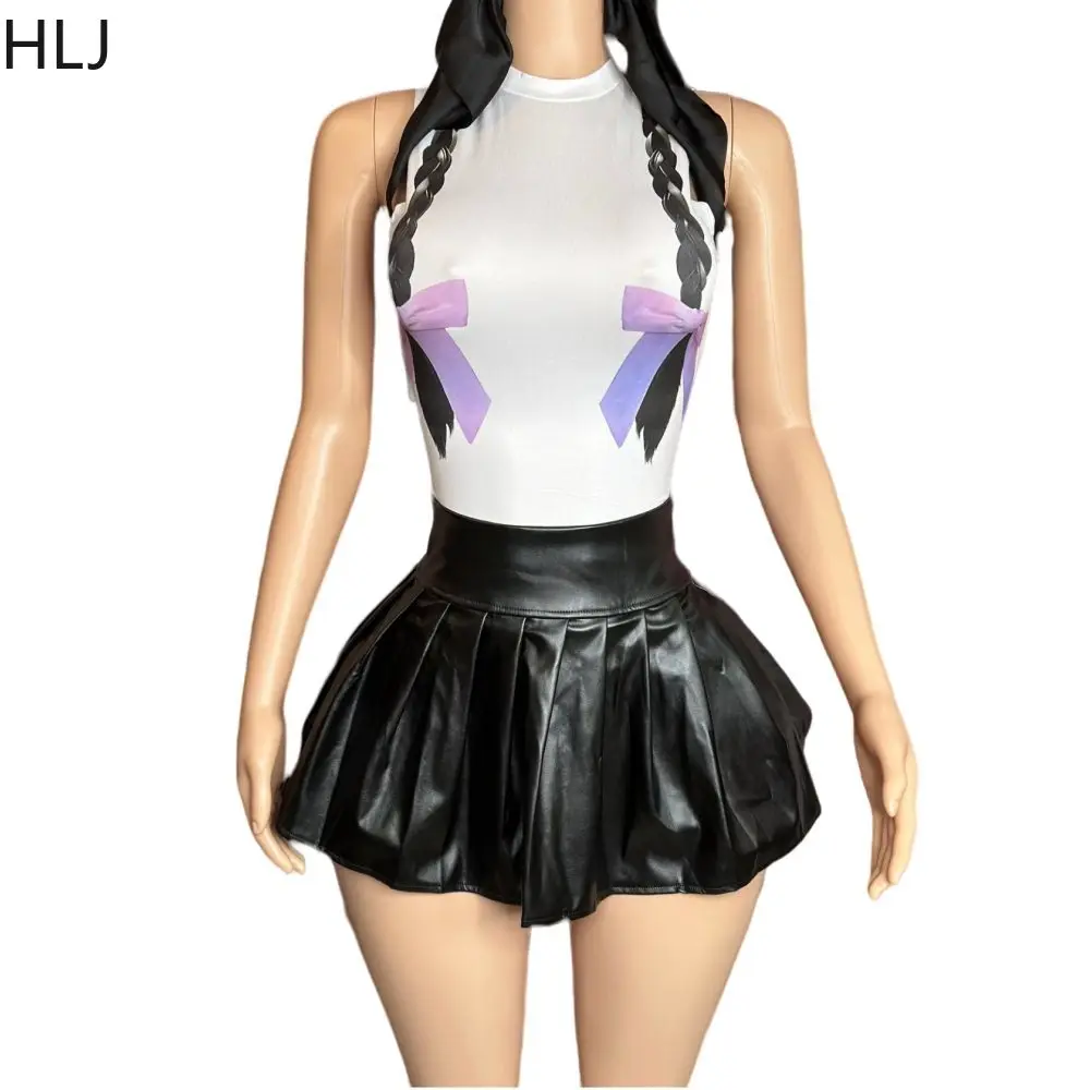 HLJ Y2K Fashion Printing Leather Skirts 2 Piece Sets Outfits Women Round Neck Sleeveless Tank Top And Pleated Mini Skirts Suits