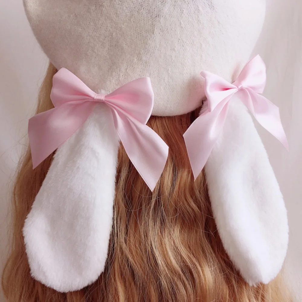 

New Wool Rabbit Ear Beret Cute Easy Matched Sweet Bow Hat Vintage Women's Girl Hat For Any Cosplay
