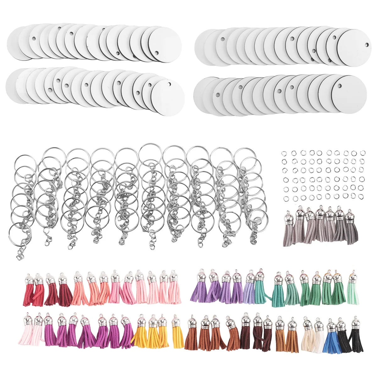 240 Pieces Sublimation Blanks Keychain Set Round Key Rings Sublimation Ornament Blanks Heat Transfer Keychain Tassels