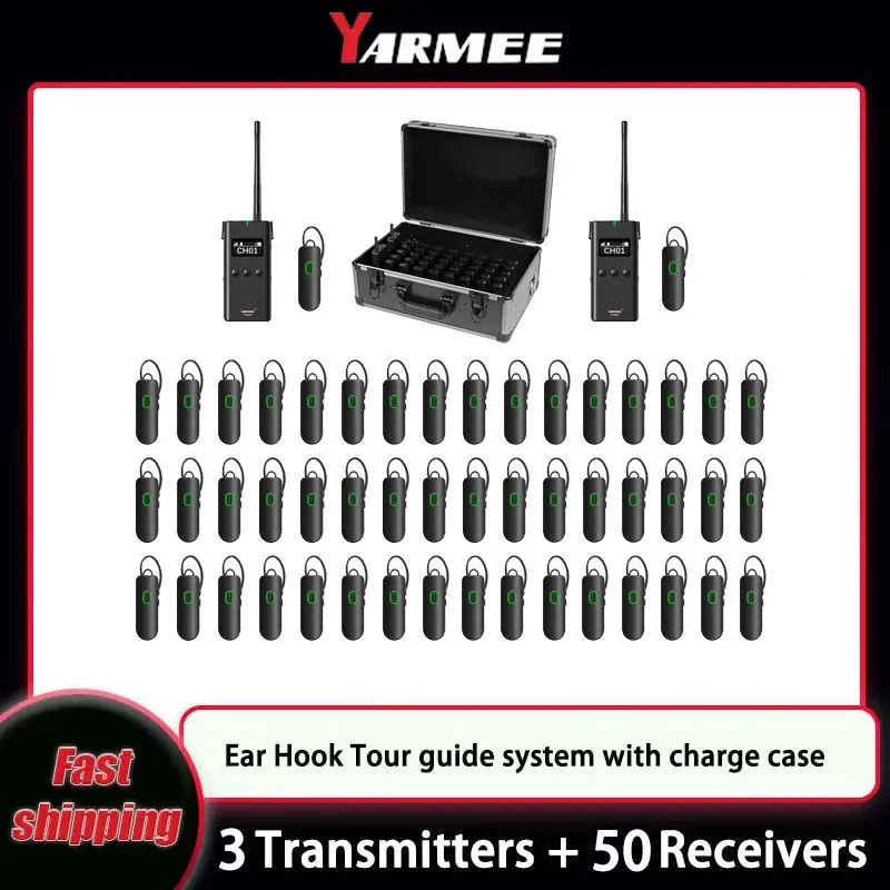 

YARMEE Ear Hook Wireless Bluetooth Tour Guide System Noise reduction 3 Transmitters + 50 Receivers For Church Training Hajj
