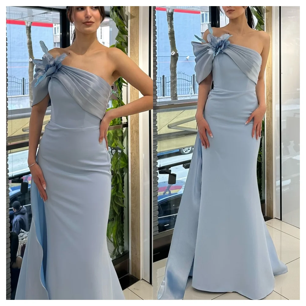 

Customized Mermaid Exquisite Blue Jersey Evening Dress Fashion One Shoulder Sleeveless Party Dress Delicate Celebrity Gowns
