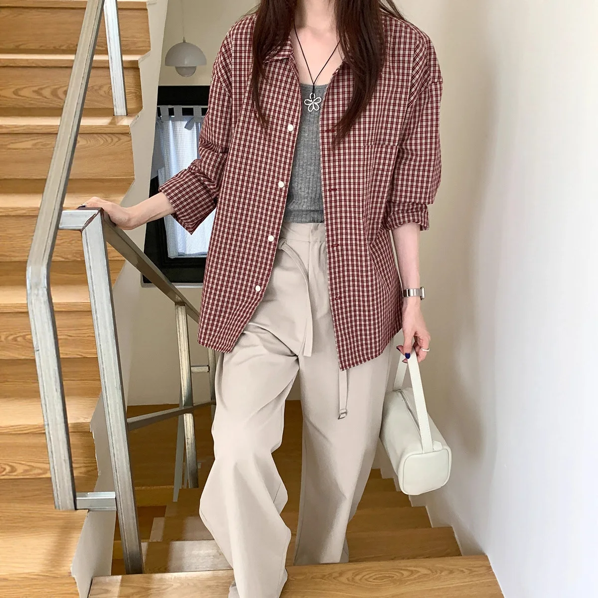 

Red Plaid Shirt Autumn Women's 2025 New Loose Long-sleeved Shirt