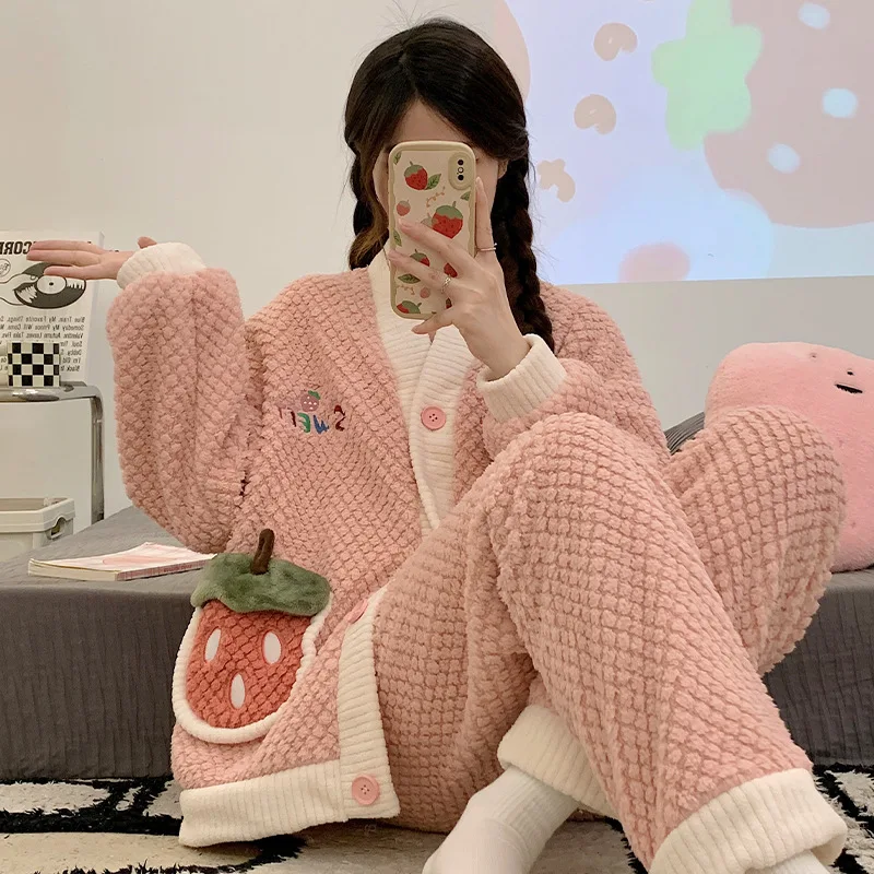 Yasuk Winter Women Girl Casual Warm Soft Hooded Sleepwear Pajamas With Pant Velvet Fleecel Cute Thick Pocket Strawberries Sweet