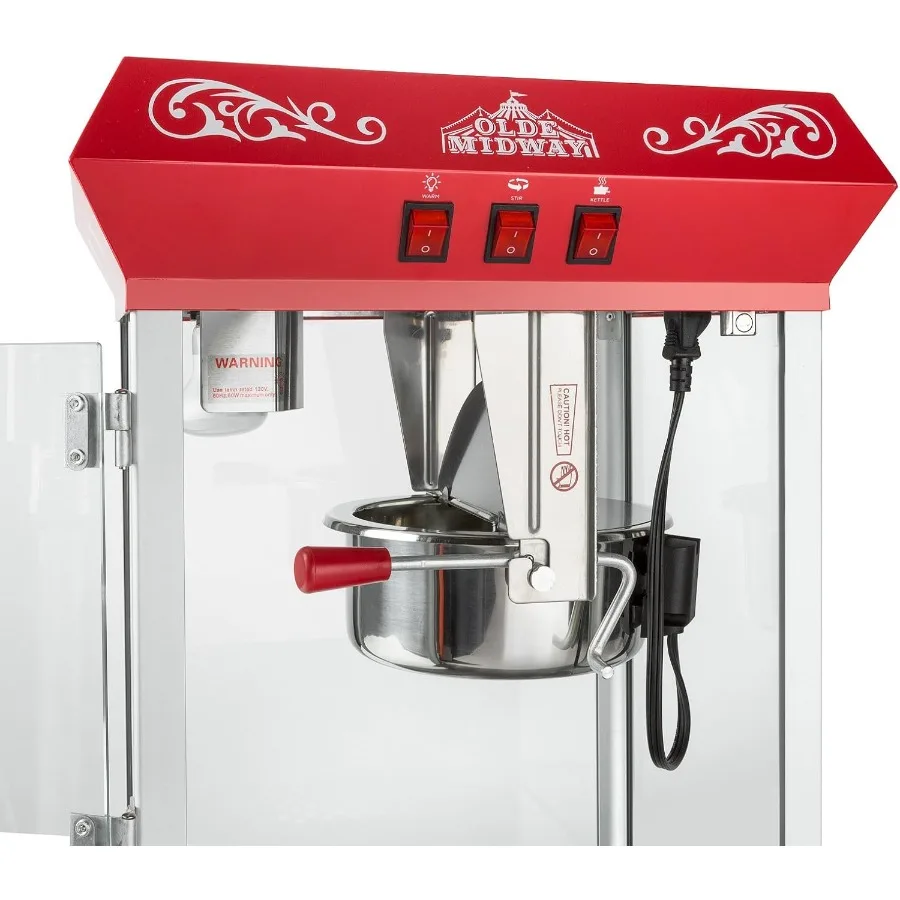 Maszyna do popcornu w stylu baru z garncikiem o pojemności 230 ml do użytku w domu, na imprezach, w kinach i na stoiskach z przekąskami, kolor czerwony, kompaktowa.