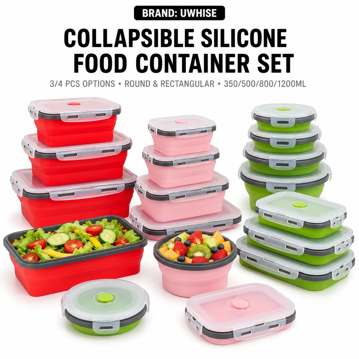 Uwhise Collapsible Silicone Food Container Set 4 Pack Leak Proof Bento Box With Snap Lid Microwave Safe Space Saving