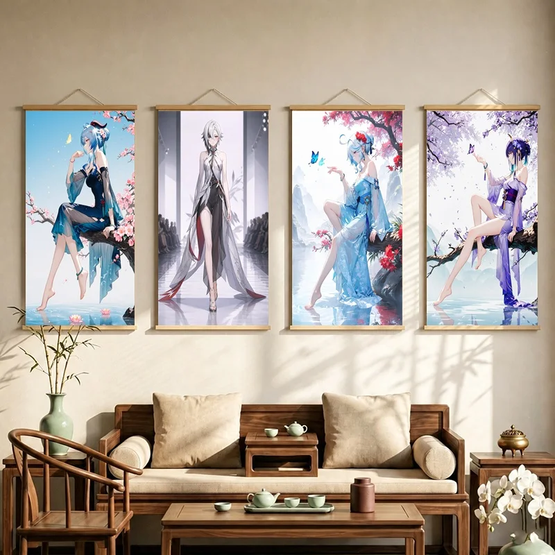 Genshin Impact Hanging Scroll with Anime Figures in Flowing Fantasy Outfits and Soft Floral Illustrations for a Bedroom