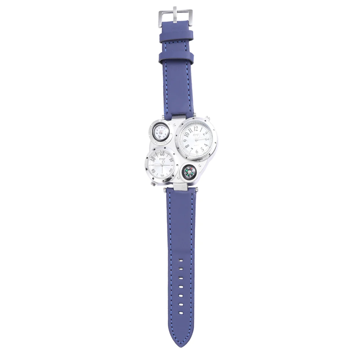 

1Pcs Blue Dual Time Display Quartz Watch Men's Outdoor Sports Thermometer Compass Adjustable Band Multi Time Display
