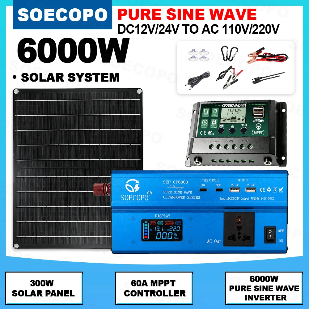 Reliable Off Grid Power Solution 6000W Pure Sine Inverter 60A MPPT 300W Solar Panel Easy Installation for Home Garden Emergency