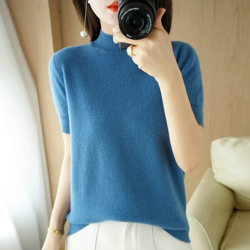 Spring Autumn Women Sweater Casual Warm Bottoming Shirts Mock Neck Basic Knitwear Short Sleeve Pullovers Korean Fashion Jumper