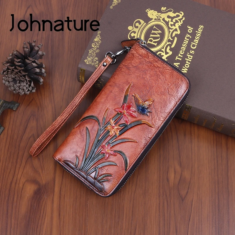 

Johnature Retro Genuine Leather Clutch Wallets 2024 New Multi Card Wallet Card Holder Phone Purse Cowhide Luxury Womens Purses