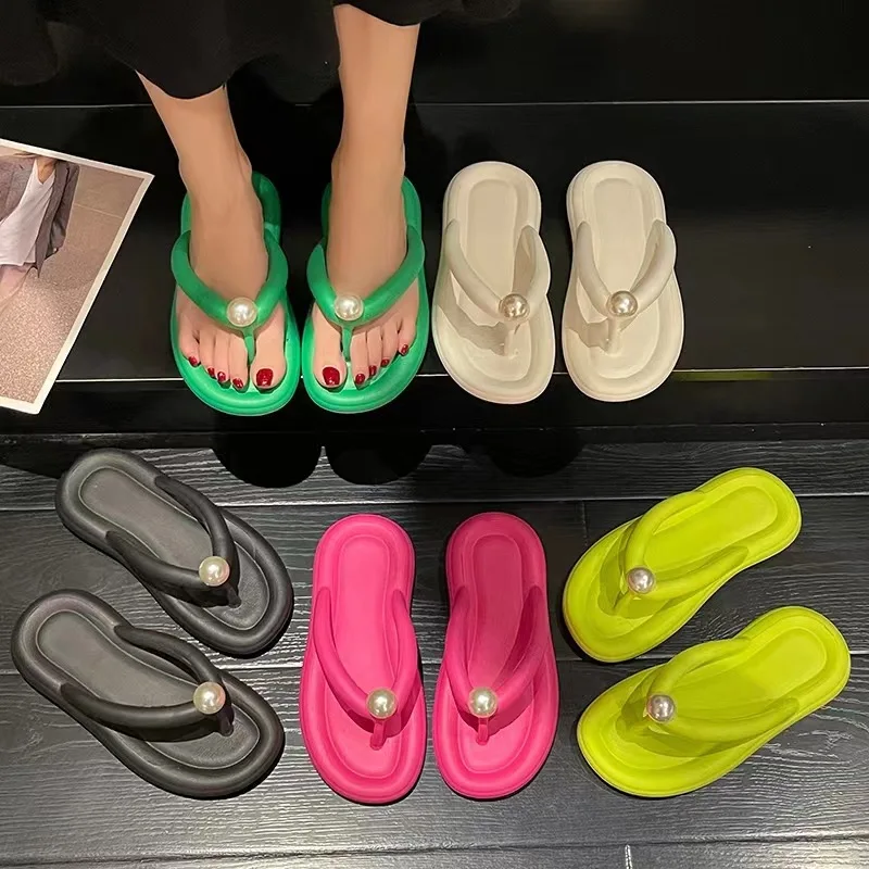 Fashion Pearl Soft Flip Flops for Women 2024 Summer Clip Toe Platform Pillow Slides Sandals Woman Light Non Slip Beach Slippers