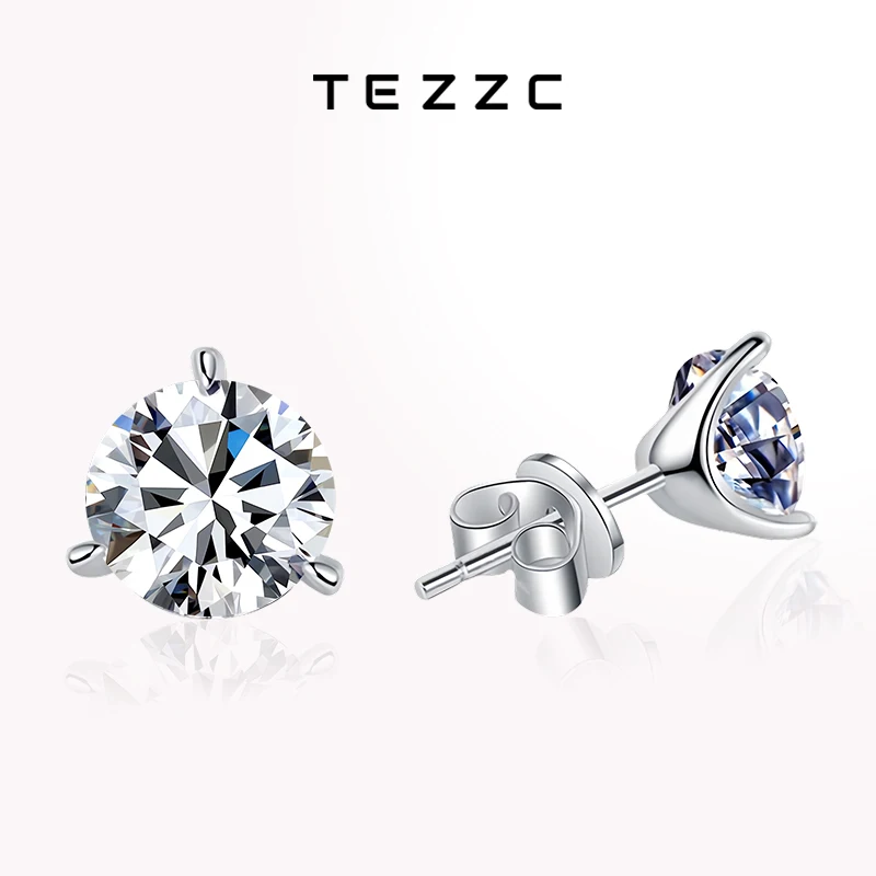 

Tezzc 1ct 2ct Moissanite Earrings Studs for Women 925 Silver with Gold Plated Lab Diamond Sparkling 3-Claws Stud Earring Jewelry