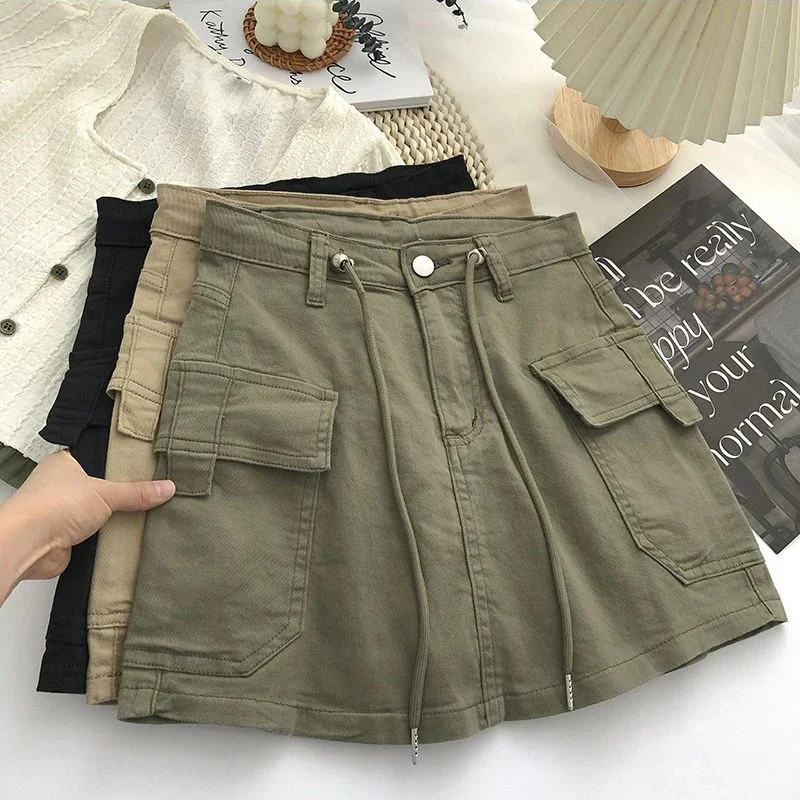 

Vintage Women A Line Skirt Korean Streetwear High Waist Mini Skirt Y2K Casual All Match Female Pocket Cargo Skirt New