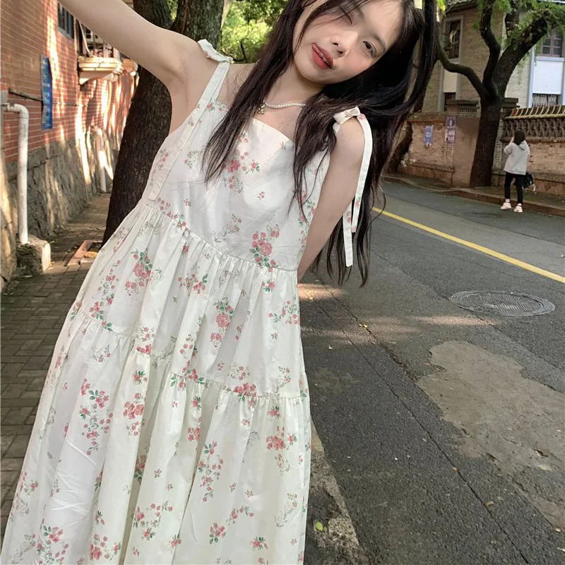 Rimocy Sweet Spaghetti Strap Flowers Dress Women Korean Style Lace Up Loose Midi Dresses Woman 2023 Summer One Piece Dress Mujer