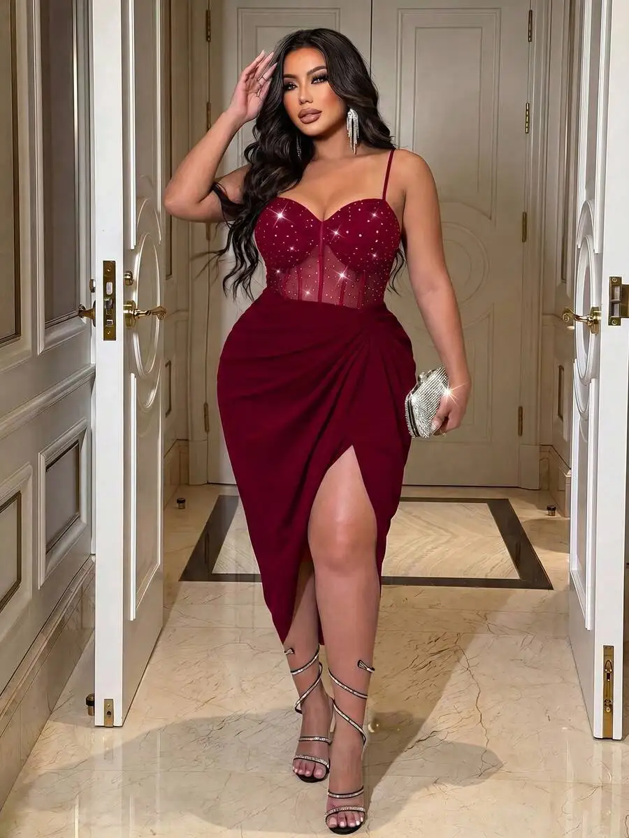 

Plus Size Womens Y2K Style Burgundy Sequin Mesh Bodycon Dress With Spaghetti Strap Ruched High Slit Midi