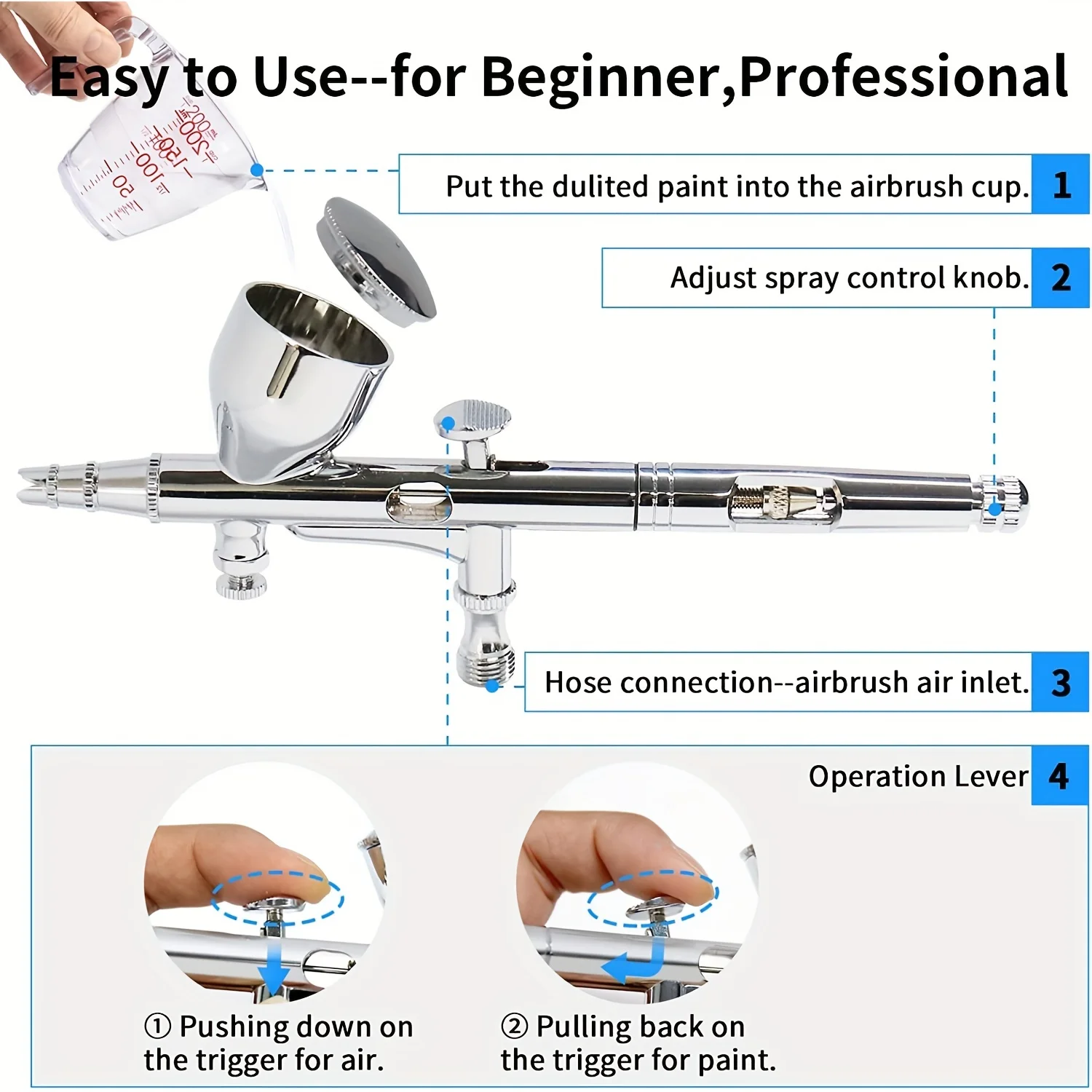 Professional Dual Action Gravity Airbrush Kit for Airbrush Painting, Tattoo, Cake Decorating with 0.2mm/0.3mm/0.5mm Airbrushes