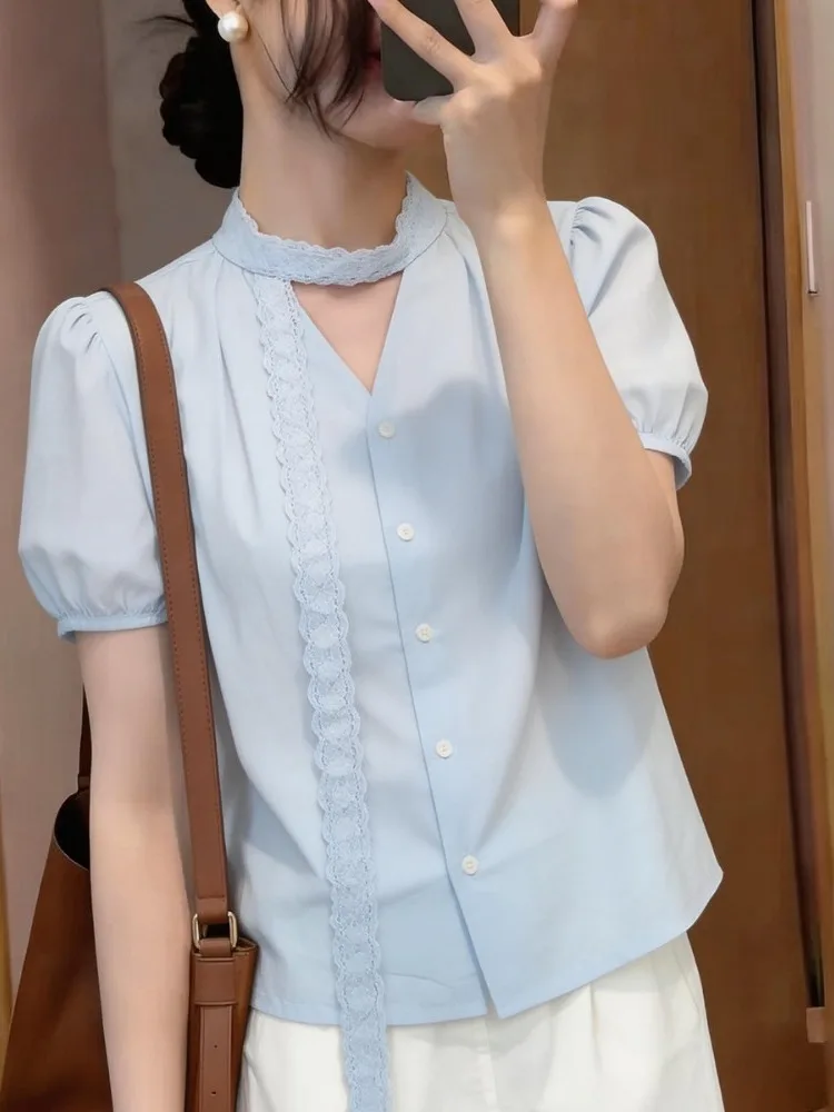 

Summer New Women's Pure Color Versatile Patchwork Short Sleeve V-neck Shirt Design Single Button Elegant Blouse Straight Cut