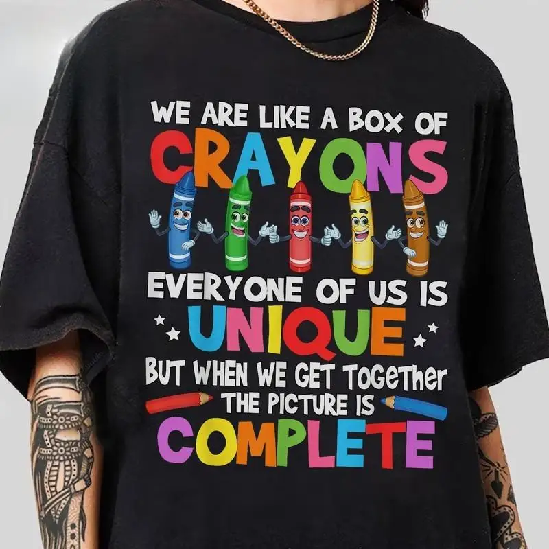 

We Are Like a Box of Crayons Unique T-Shirt Teacher Gift School Graphic Tee Back to School Funny Casual Cotton Top for Men Women