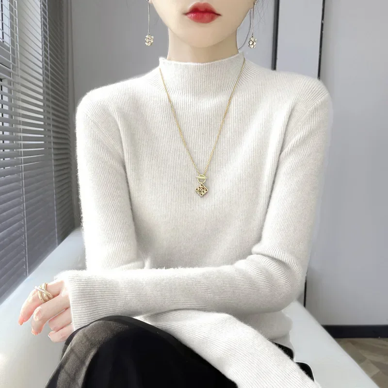 Fleece Inner Wear Top Full Length Pure Color Knitwear Women's Slim Fit Long Sleeve Knitted Base Shirt Half High Collar