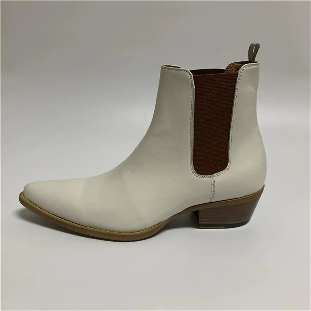 

Handmade White Leather Pionted Toe 5cm Heel Gentle men slip Fit Dress Wedding Business Boots