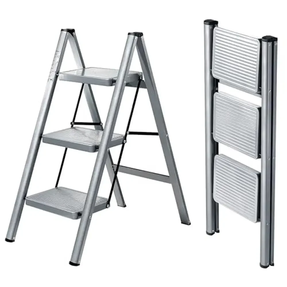 3-Step Folding Steel Ladder with Wide Pedal Portable Sturdy Household Step Stool Kitchen Garage Laundry Room 331lbs Capacity