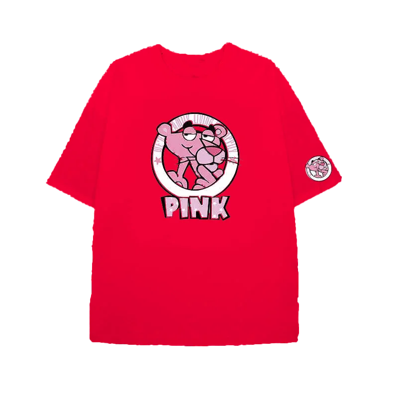 （Miniso)Men's Clothing Pink Panther Print High Quality Cotton T-shirt Black Short-Sleeved Casual Tops Clothes Children's T Sh