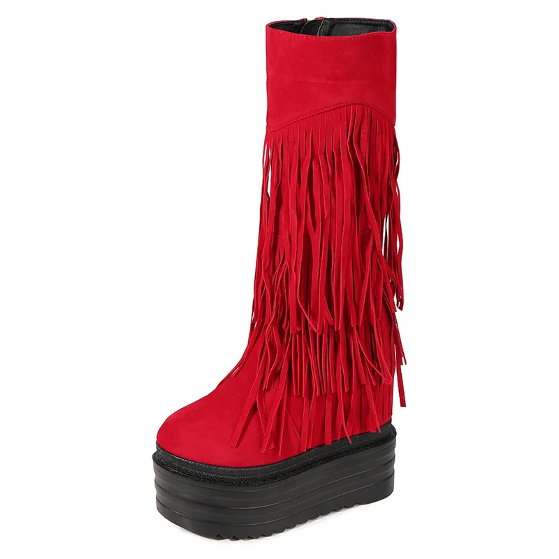 

Модные ботинки средней длины на танкетке с кисточками 13 см, женские мотоциклетные рыцарские ботинки в готическом стиле на толстой подошве, тонкие ботинки на высокой платформе