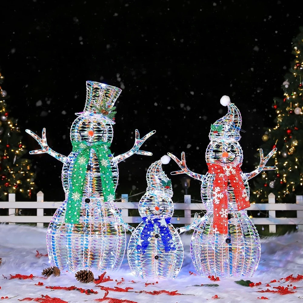 Christmas Snowman 3D Pre-lit Iridescent 3.5 FT, 3-Piece Lighted Snowman Set with 180 LED Lights, Zip Ties for Outdoor Decoration