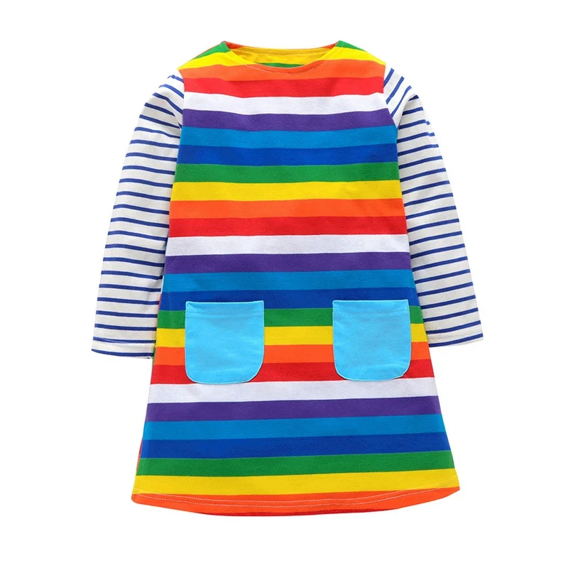 Striped Baby Christmas Girls Dresses Pocket Embroidery Children's Clothing Long Sleeve Kids Frocks Costume