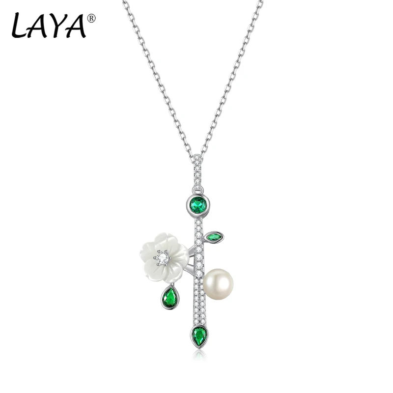 LAYA Necklace For Women Shell Flower Unique Design Shining Zircon Natural Pearl 925 Sterling Silver Pendant Wedding Fine Jewelry