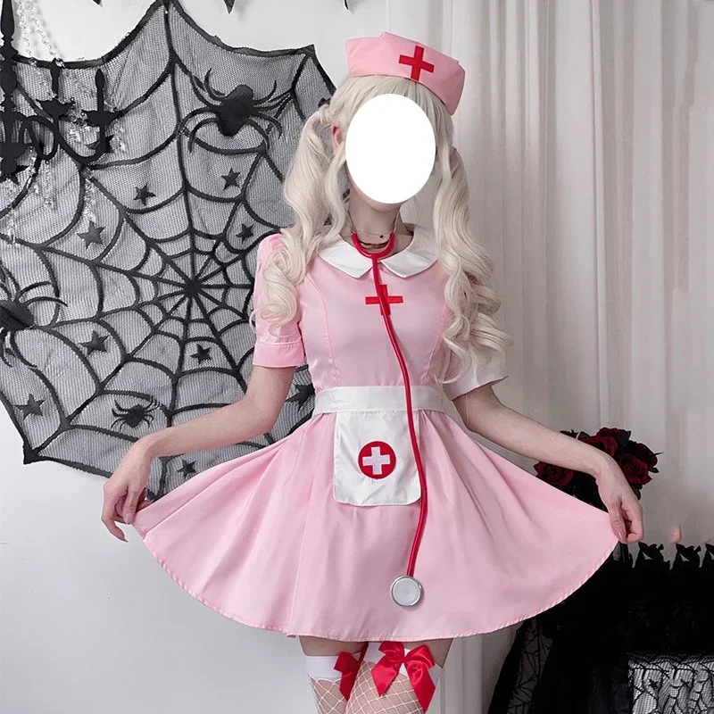 

2024, весеннее мини-женское платье для косплея на Хэллоуин, розовое, белое, в стиле пэчворк, Лолита, медсестра, ролевые игры, униформа на Хэллоуин, платья