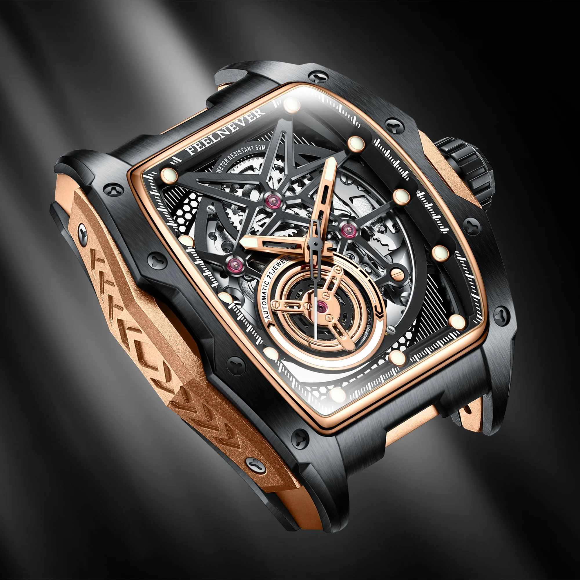 FeelNever Hollow Tourbillon Men's Watches Luxury Automatic Watch For Men Mechanical wristwatch Direction Sapphire Luminous Clock view 2