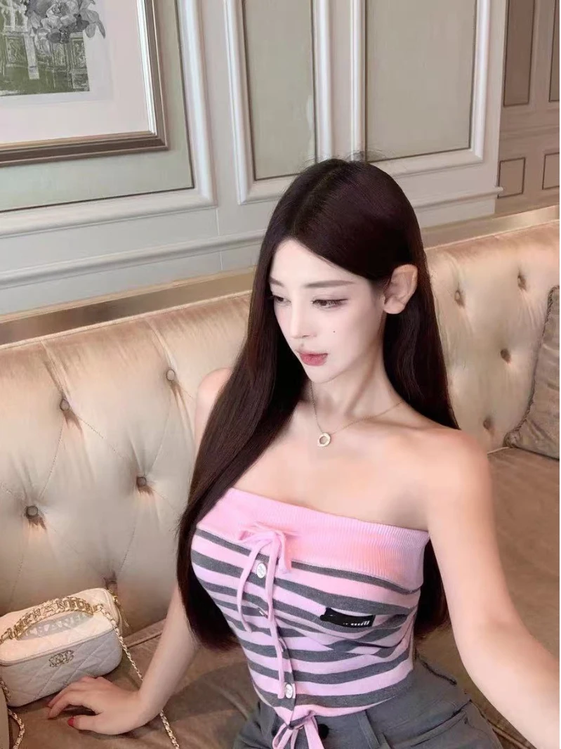 Comfortable Versatile Striped Knitted Tube Top Women's Summer 2026 New Style Casual Wear Short Length Belted Female Clothing