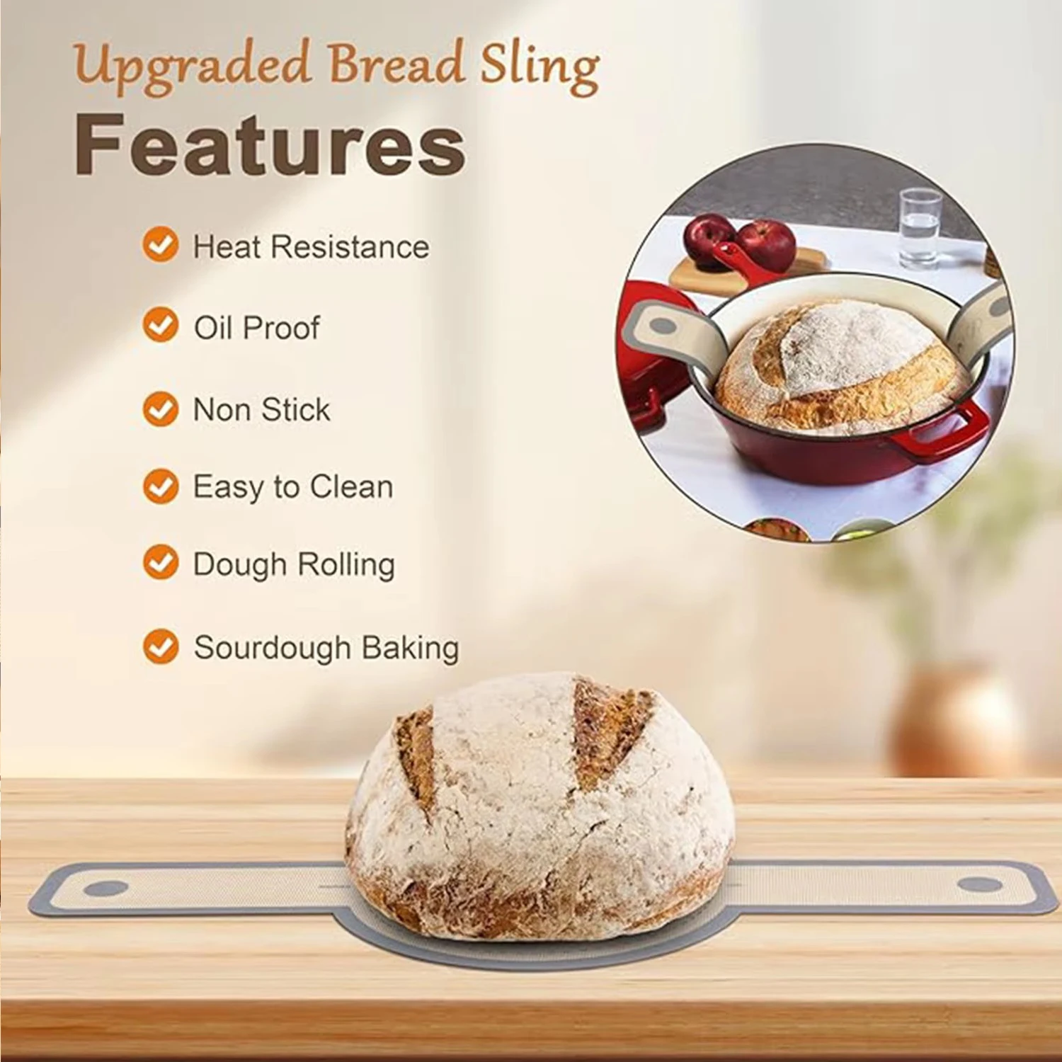 Silicone Bread Sling for Dutch Oven, Non-Stick Odorless Baking Mat with Long Handles, Reusable Sourdough Transfer Liner