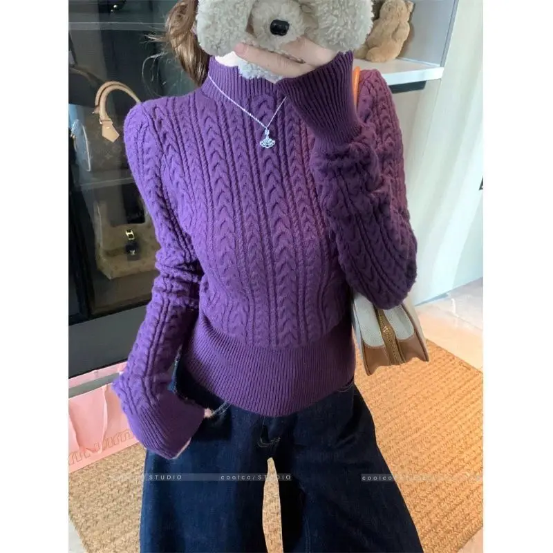 

Вязаный свитер с воротником-стойкой, однотонный, с узором «косы», с длинным рукавом, короткий, в корейском стиле, осенне-зимний, облегающий, пуловер, топ