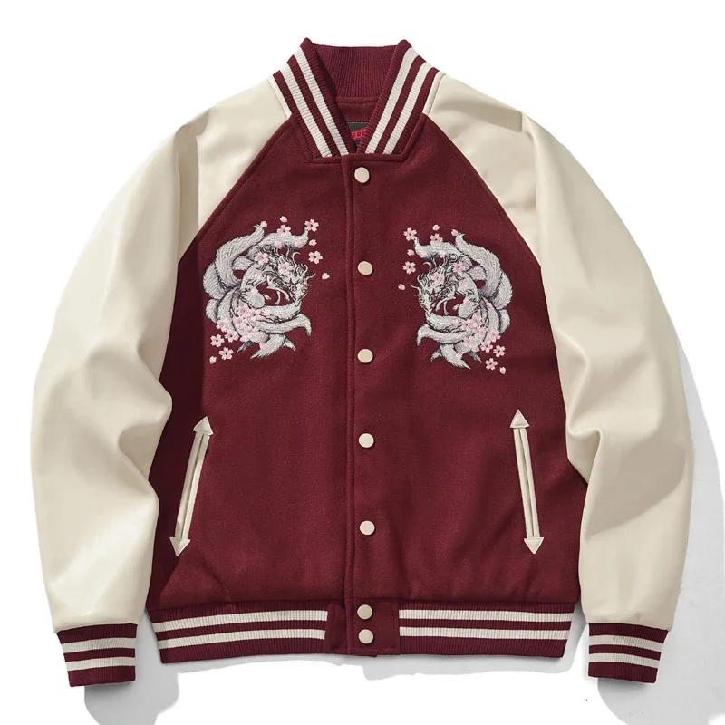 Yokosuka Nine Tail Embroidered Baseball Uniform Coat 2024 Autumn and Winter Japanese Men's Coat Color Matching Bomber Jackets